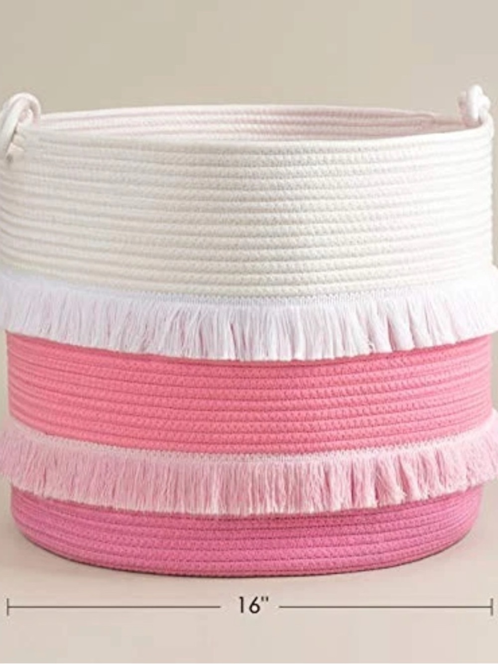 Pink & White Fringed Large Rope Basket - 16"x13" Decorative Woven Basket - Picture 2 of 11